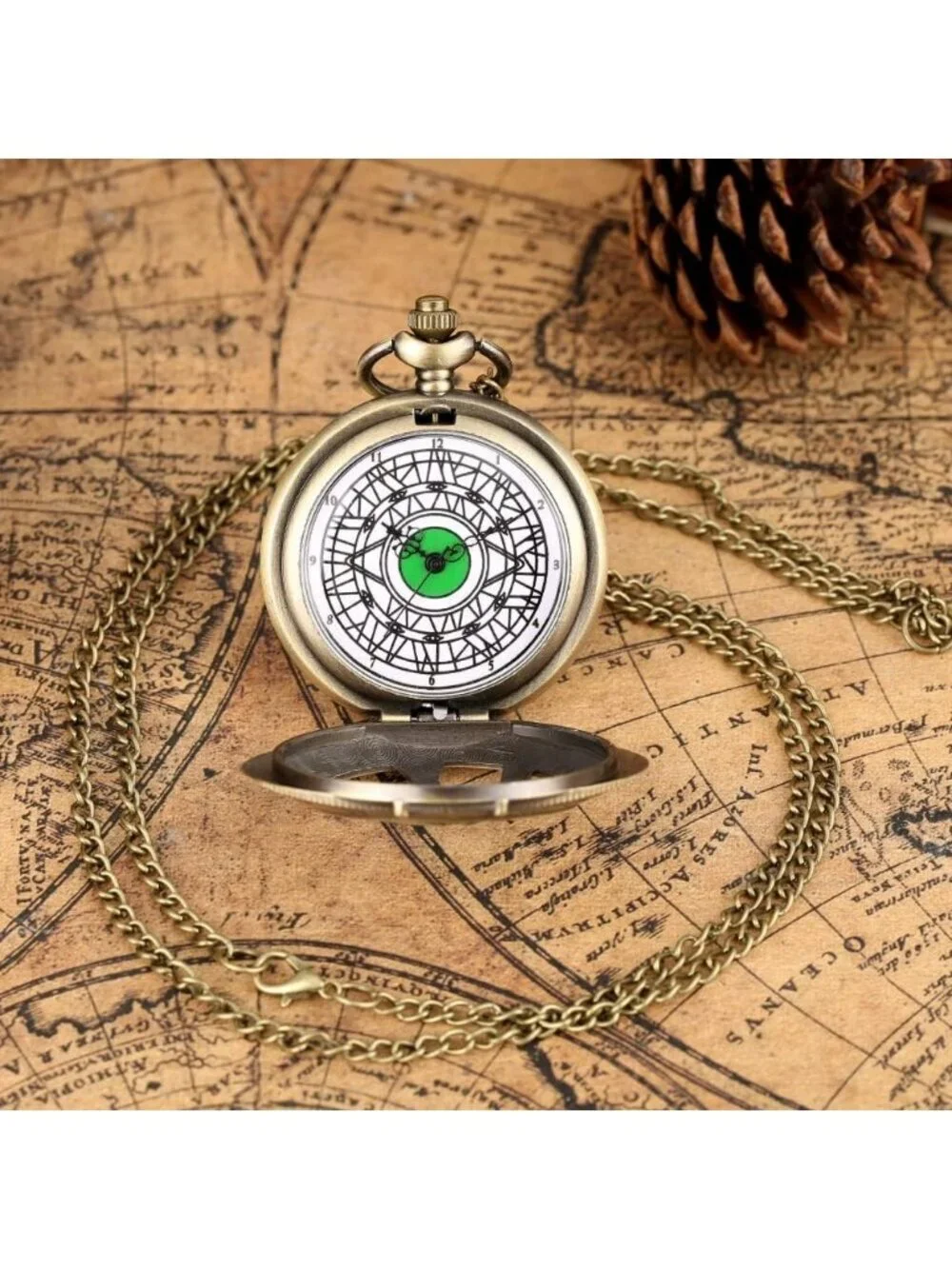 Men's Brown Analog Quartz Green Eyes Shape Pendant Necklace Round Pocket Watch